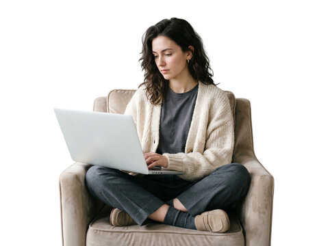 Caucasian woman working on laptop sitting in armchair
