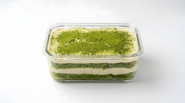 Layered matcha tiramisu dessert with green tea powder in a rectangular glass container