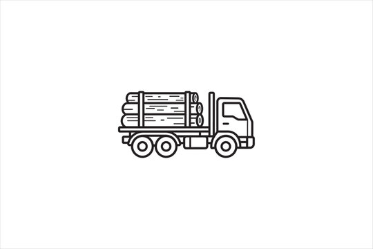Logging truck carrying wood logs icon in minimal line art style. Vector illustration for timber industry, transport, and logistics.