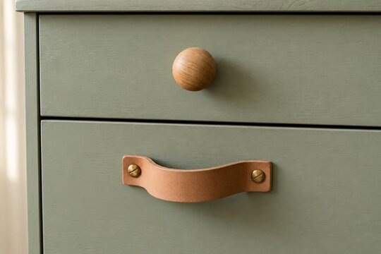 Wooden knob and leather pull on sage green cabinet drawers