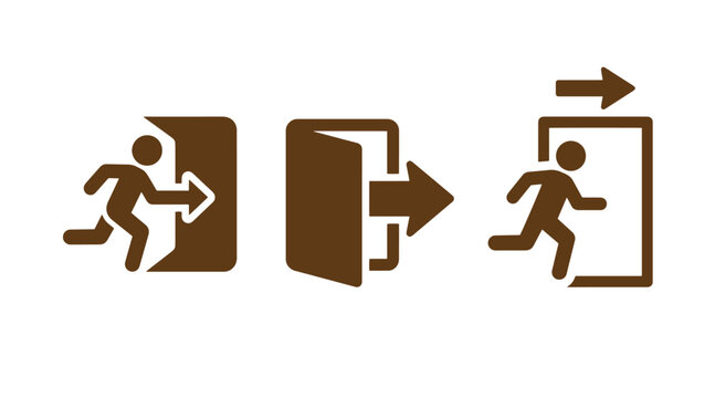 Emergency exit route icons with running figure and directional arrow emergency direction evacuation pictogram navigation building instruction minimalist procedure