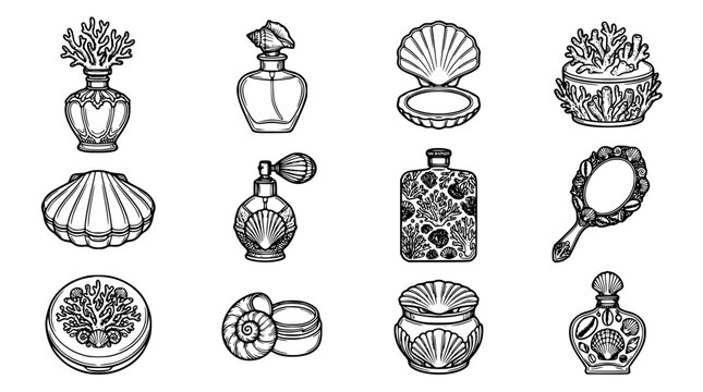 Luxury Coral and Seashell Perfume Cosmetic Black White Vector Set