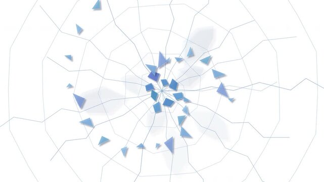 Abstract geometric motion graphic, blue particles exploding outward from center, digital network concept