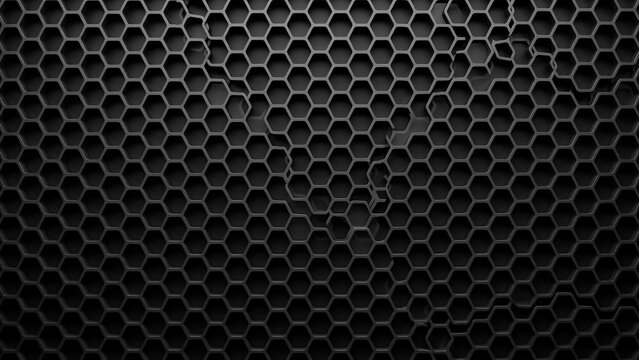 Dark hexagonal grid pattern with subtle texture and depth keywords: hexagonal, grid, pattern