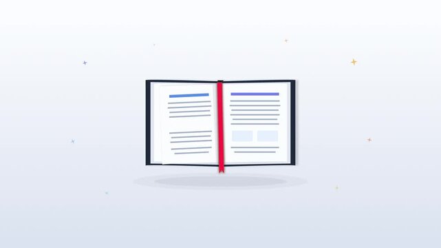 Open book with red bookmark, animated, motion graphic, education, knowledge, information, reading, learning, story, library, pages, text, content, study