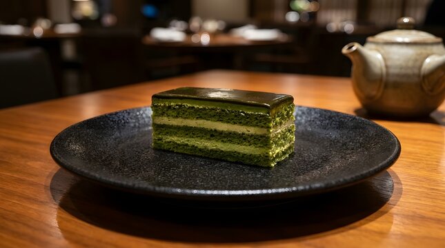 Matcha Green Tea Cake Layers on Dark Plate with Tea Cup Background