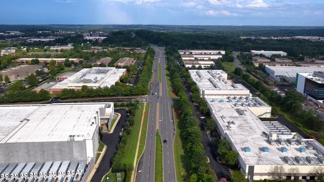Aerial view of data centers and warehouses in an industrial park in Ashburn, Virginia.