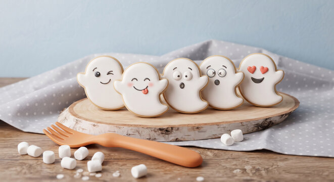Five ghost frosted sugar cookies lined up next to loose mini marshmallows