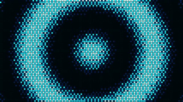 Cyan radar pulse LED dot matrix wave animation featuring retro cyberpunk digital grid glowing background.