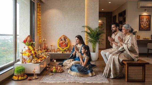 An Indian family with folded hands performing Diwali puja and praying together in a beautifully decorated home