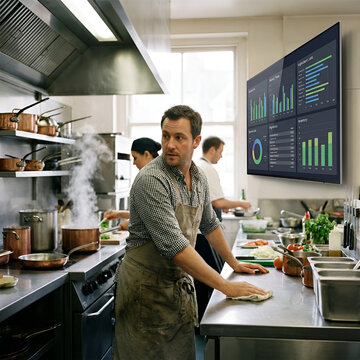 Professional chef working in a commercial kitchen with a digital data monitor