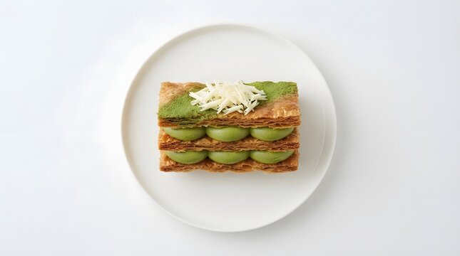 Matcha Mille-Feuille Dessert with White Chocolate Shavings