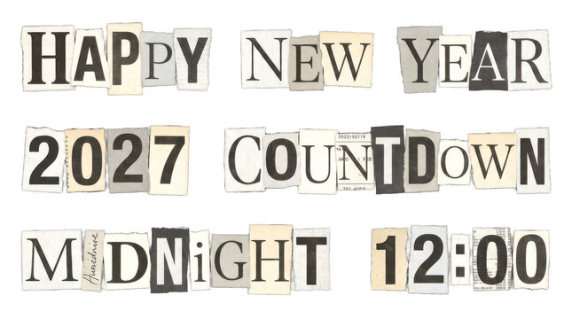 Happy new year 2027 countdown midnight 1200 ransom note style letters isolated on transparent background