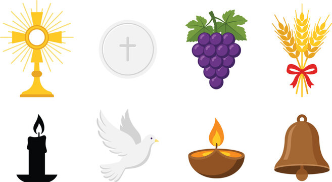 First Holy Communion religious vector icon set with monstrance communion host dove and wheat elements