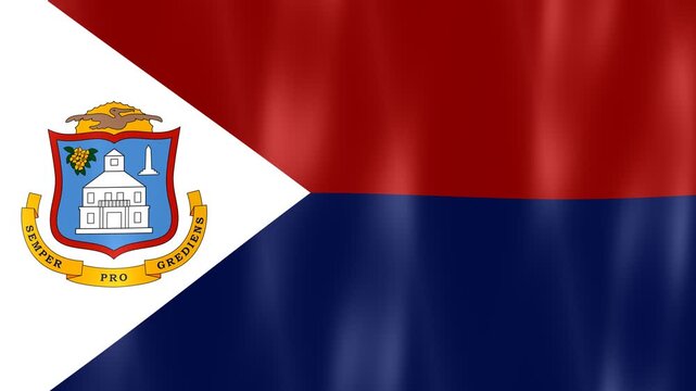 Digital graphics of the waving flag of Sint Maarten, featuring the red and blue fields, white triangle, and the island's coat of arms