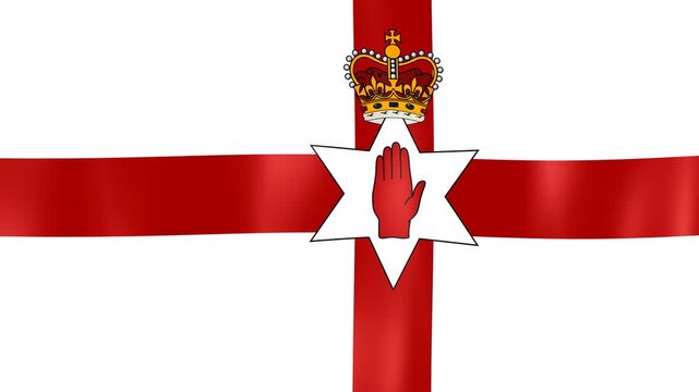 Digital graphics of the waving flag associated with Northern Ireland, featuring a red cross, white star, red hand, and royal crown