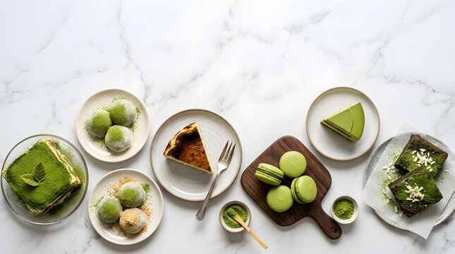 Assorted Green Tea Desserts including Tiramisu and Macarons on a White Marble Surface