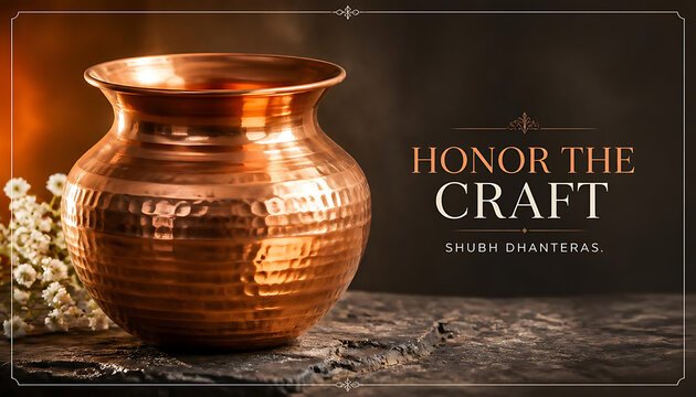 Traditional hammered copper pot on dark rustic stone surface with white flowers