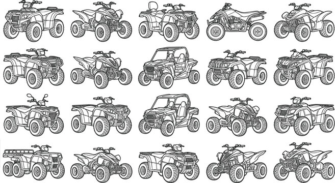 All terrain vehicle ATV and UTV quad bike vector icon set featuring off road motor cross racing transportation symbols.eps