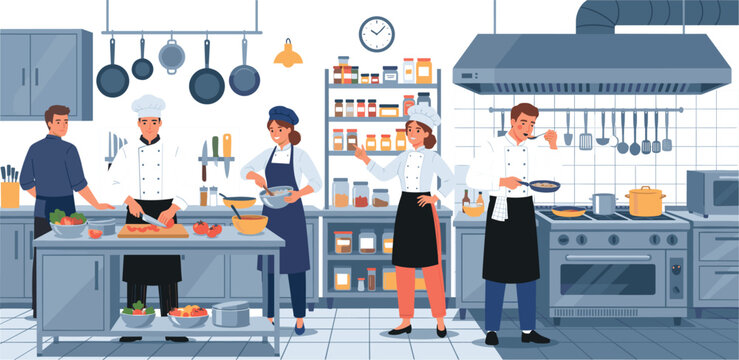 Professional restaurant kitchen team vector illustration with chefs cooking preparing meals baking and tasting food in uniform