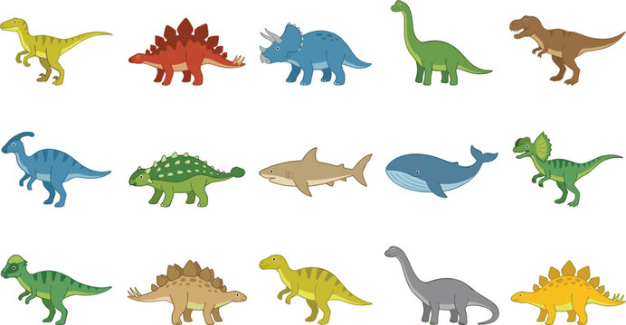 Cute dinosaur and prehistoric marine animal vector illustration set featuring colorful cartoon dinos shark and whale symbols.eps