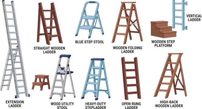 Industrial and household ladders vector set with extension ladder stepladders folding wooden stools and work platform icons