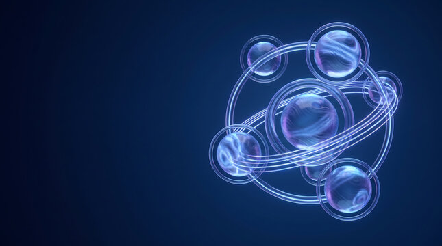 Abstract glowing blue spheres with orbital rings on dark background for science and technology concepts