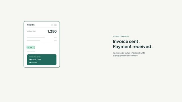 Minimalist premium vector motion graphic illustrating an invoice card receiving a payment confirmation card. 