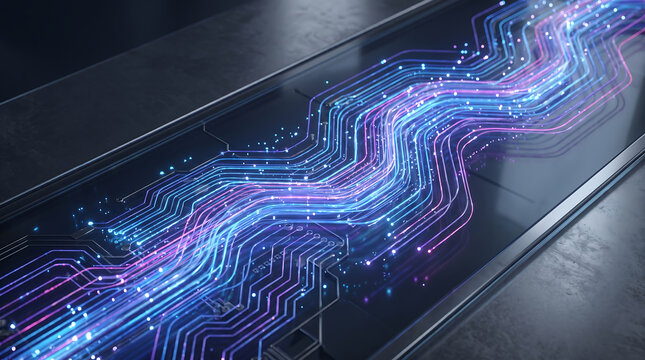 Glowing fiber optic cables transmitting data across a futuristic circuit board representing advanced technology