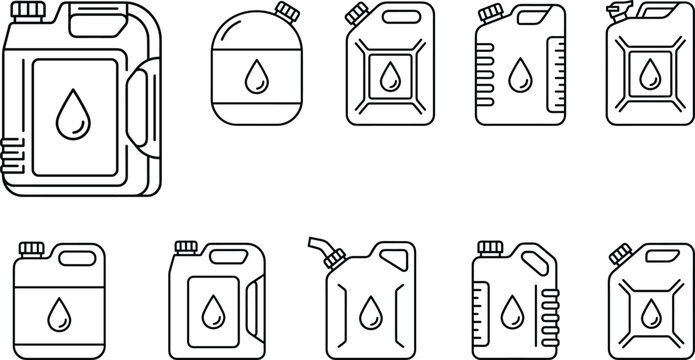 Jerry can and engine oil canister line icon set featuring fuel container liquid jug and plastic gallon symbols.eps