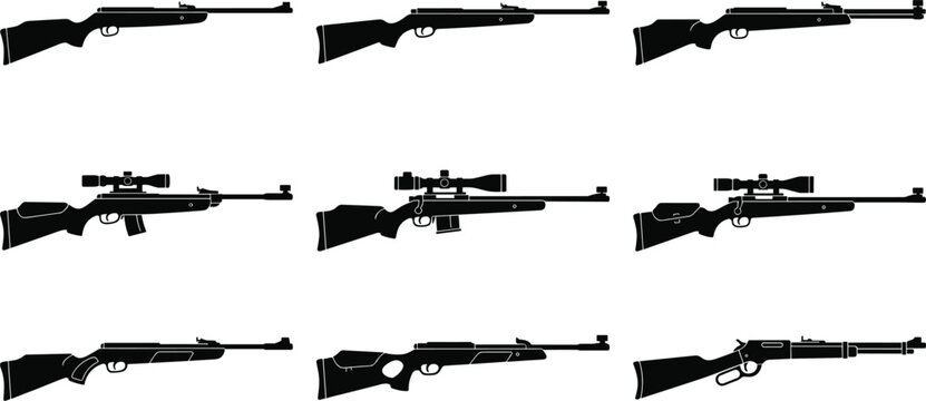 Rifle and sniper gun silhouette icon set featuring hunting air rifle sniper scope and lever action firearm collection.eps