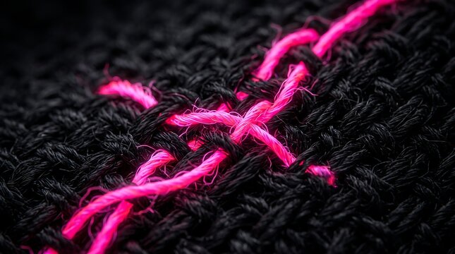Close up knitted fabric with bright pink embroidered cross stitch pattern details