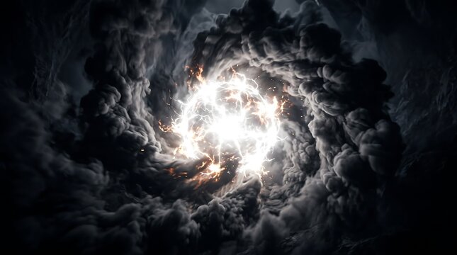 Cosmic explosion with bright light breaking through dark swirling clouds