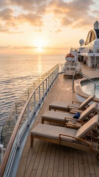 Elegant cruise ship deck at sunset overlooking the calm ocean with lounge chairs and pool