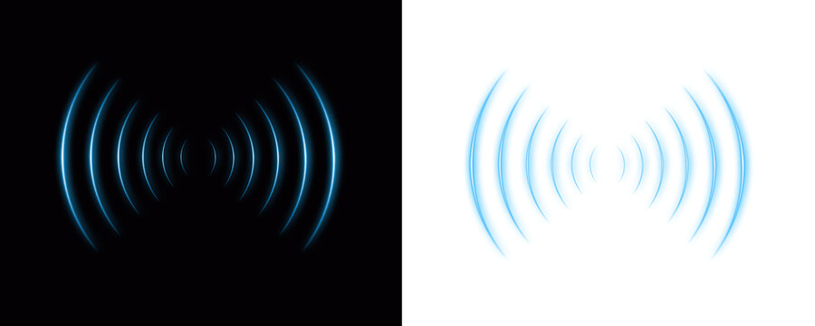 Neon Blue Radio Waves Wireless Signal Frequency Transmission Radar Interface on Transparent Background