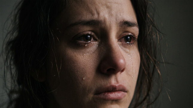 Emotional Close Up Portrait of Crying Young Woman with Tears Streaming Down Cheeks