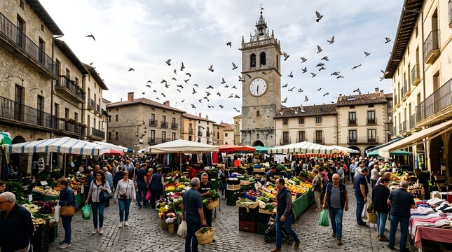 People shopping at outdoor market in historic town square with clock tower
