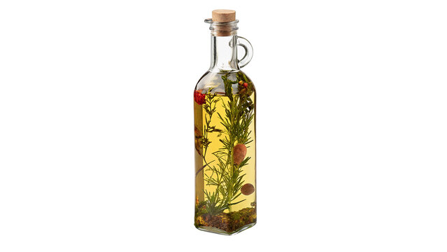 Glass bottle of organic extra virgin olive oil herb isolated on transparent background.