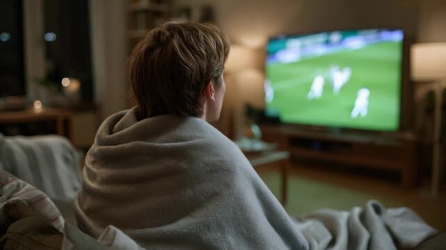 Woman Relaxing Indoors Wrapped in Blanket Watching TV Screen