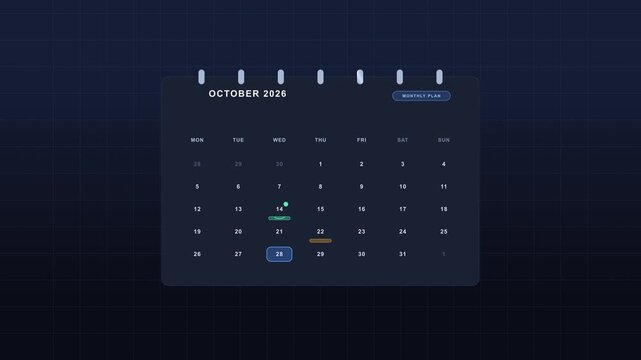 Digital calendar graphic with animated date markers, motion graphic loop representing planning and scheduling