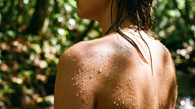 Close Up of Sun Tanned Wet Skin and Water Drops on Female Shoulder in Forest