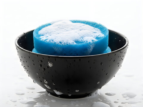 Blue cleaning sponge soaking in a black bowl with water