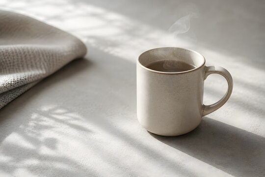 Plain ceramic mug with steam on a gray table
