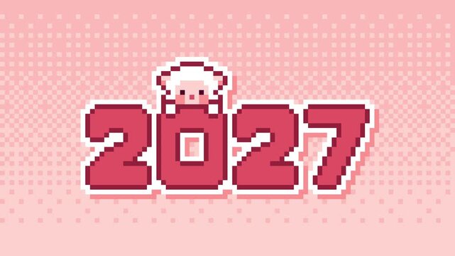 8-bit Pixel Art 2027 Year of the Pink Sheep Card Illustration. looped animation 4k 30fps