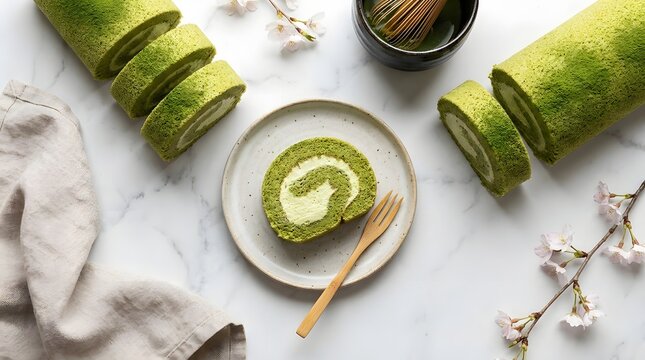 Green tea swiss roll cake slices on a white plate with matcha tea and blossoms