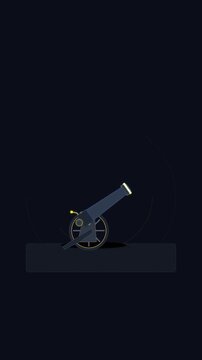 Retro pixel art cannon firing, dark background with sparks, motion graphic footage