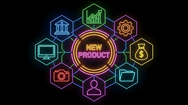 New product development neon sign featuring glowing hexagonal business icons connected by bright colorful lines on a dark black background