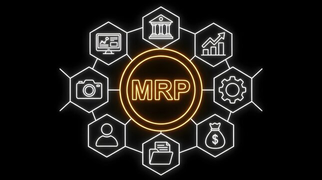 Glowing neon mrp acronym concept design featuring circular central branding surrounded by white outline hexagonal icons on dark black background