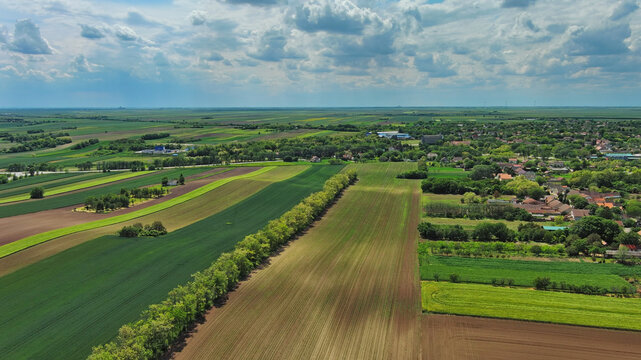 Aerial view of green farm fields with small village houses