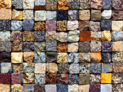 A vibrant mosaic of small square granite and stone tiles in a wide array of colors and textures